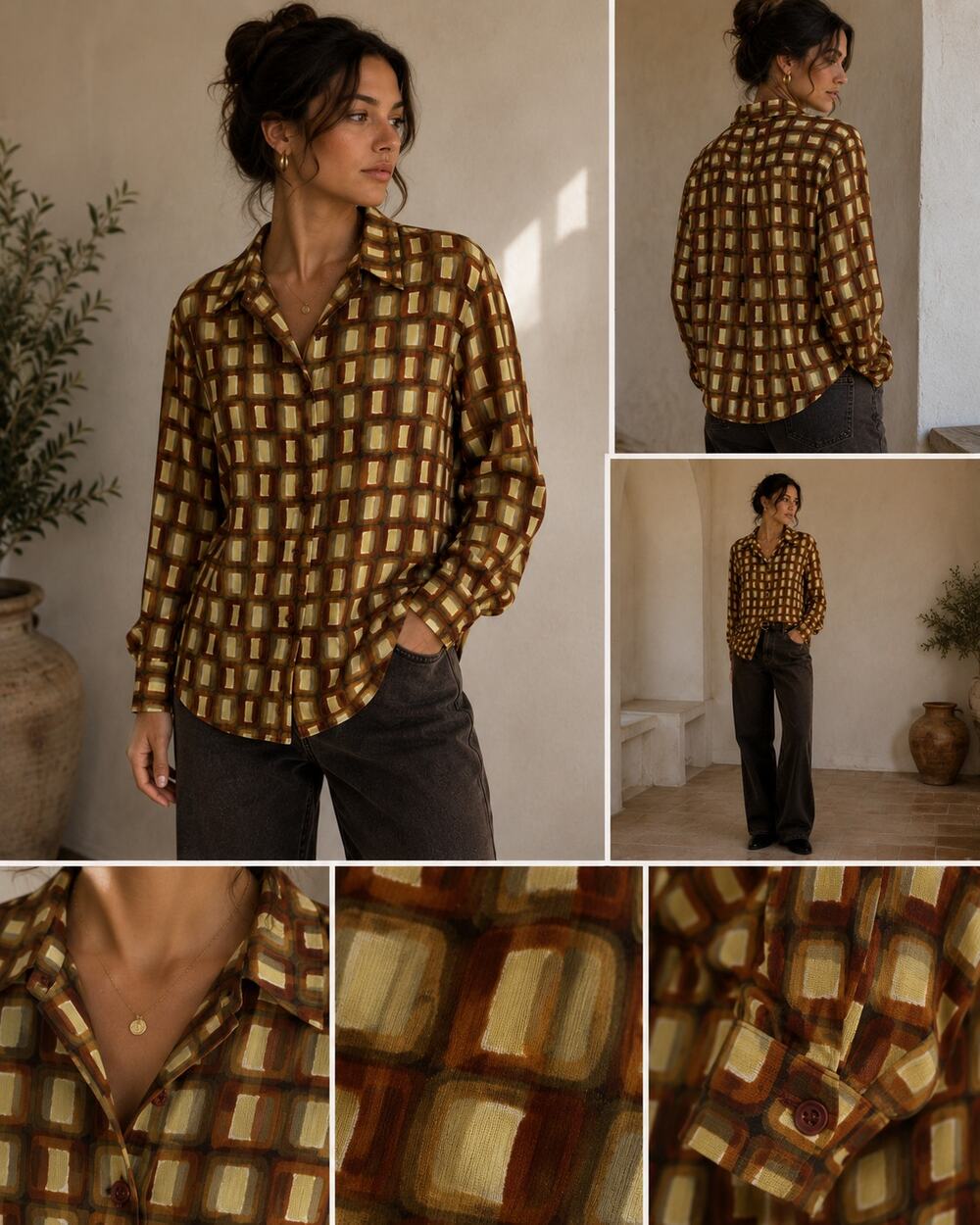 Vintage Janette USA Geometric Sheer Button Up Blouse Brown Retro Y2K Women's M